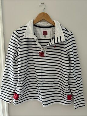 Joules Navy and White Striped Polo with Red Logo Accents